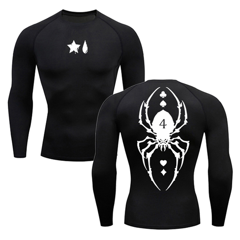 Compression Shirt Workout - メンズスパイダープリントコンプレッションシャツ、長袖Tシャツ、速乾性Tシャツ、ワークアウトジム、フィットネスアンダーシャツ、ベースレイヤートップス