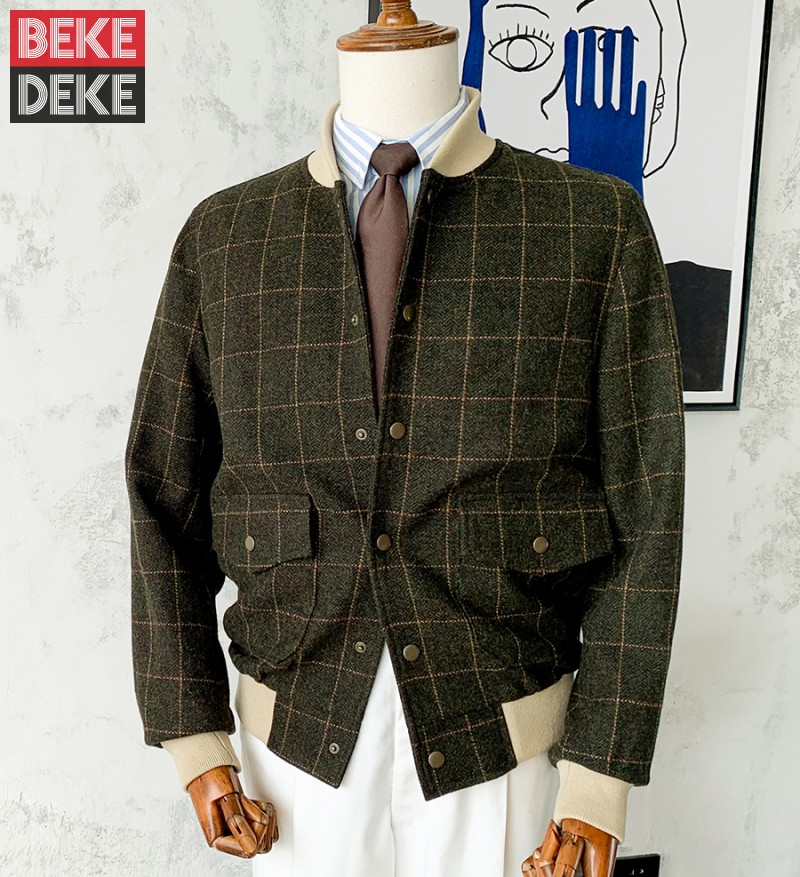Harrington Jacket - ヴィンテージウールコート,タイトな襟付き,クラシックなアウターウェア,長袖,シングルブレスト,チェッカージャケット