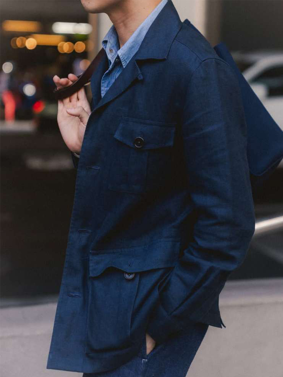 Harrington Jacket - 100%リネン製春夏メンズネイビーブルーフレンチリネントップハンティングジャケット、ハンティングジャケット紳士服