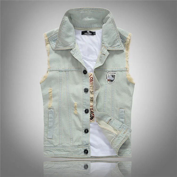 Men'S Fashion Vest With Jeans - ポップ春秋の新ファッションメンズウォッシュヴィンテージレトロブルーノースリーブジーンズジャケットカジュアルトレンディな韓国デニムコートストリート