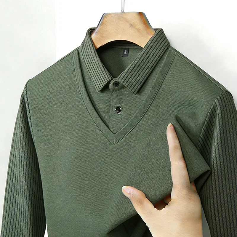 Queer Men'S Fashion - メンズフェイクツーピースシャツ襟 V ネック長袖トップカーキストライプカジュアルファッション柔らかい生地日常着ブラウス