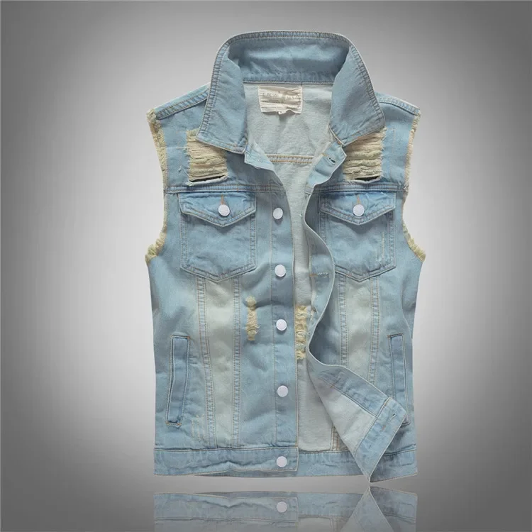 Men'S Fashion Vest With Jeans - LIBIELIY 春秋の新ファッションメンズウォッシュライトブルー Sleevelss ジーンズジャケット穴パッチデニムベストコート男性メンズ Stree