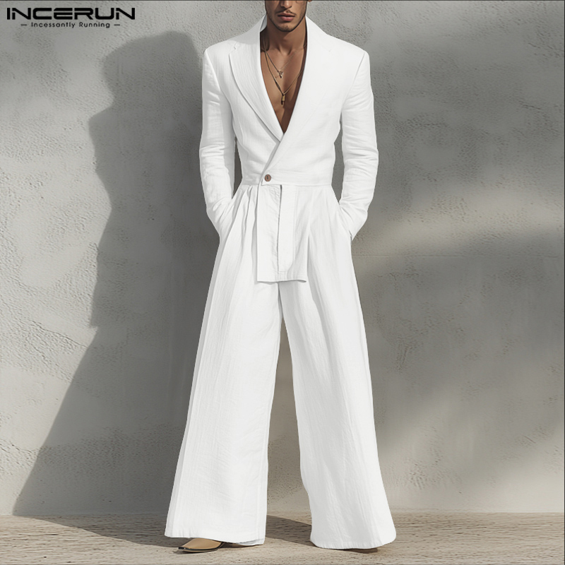 Mens Fashion Jumpsuit - INCERUN 男性ジャンプスーツ無地ラペル長袖カジュアル男性ロンパースストリートルーズ 2025 エレガントなファッションオーバーオール男性 S-5XL