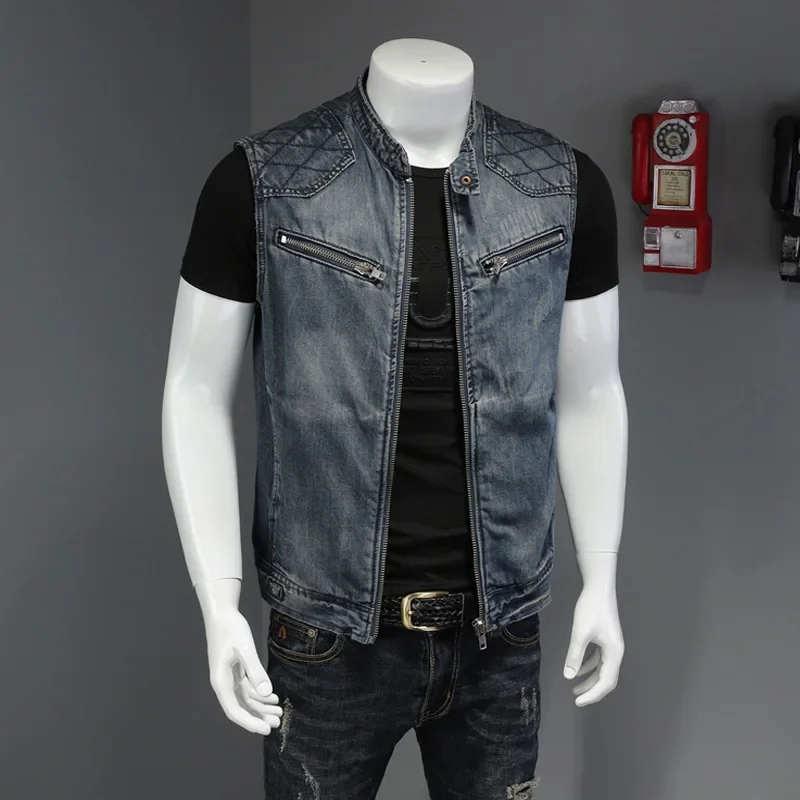 Men'S Fashion Vest With Jeans - ポップ春秋の新ファッションメンズカジュアルトレンディスタンドカラー洗浄レトロブルージーンズジャケットアメリカンハイストリートオートバイ V