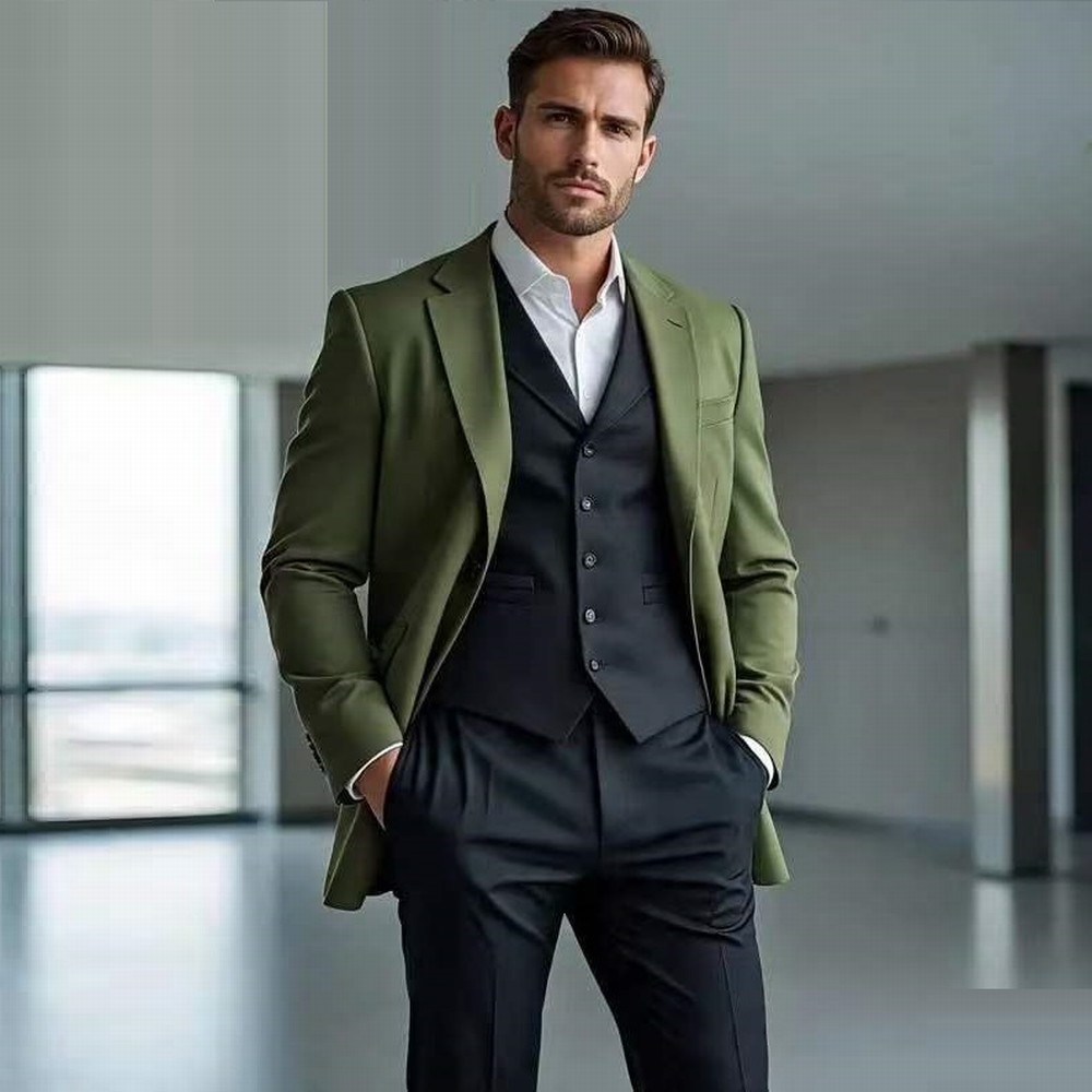 Men'S Fashion Formal - ファッション性の高いアーミーグリーンとブラックのフォーマルなメンズスーツ。結婚式やパーティー、新郎、介添人向けの男性用タキシード。3点セット（ジャケット、ベスト、パンツ）。B2。