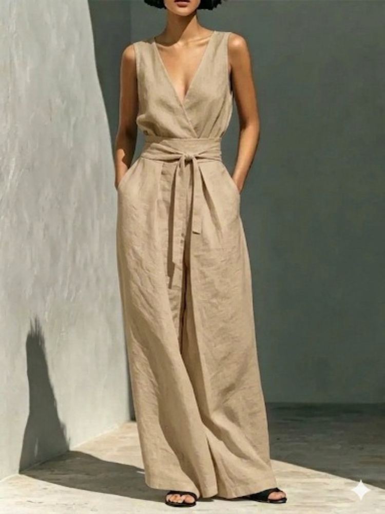 Mens Fashion Jumpsuit - 夏の新ファッション固体女性のためのカジュアルノースリーブ V ネックレースアップワイドレッグパンツジャンプスーツ女性の休日の婦人服