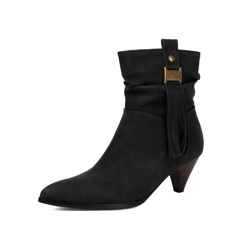 Mens Fashion Modern - レディース、ポインテッドトゥ、アンクルブーツ、タッセル装飾、コーンヒール、プリーツ加工のカフ、ヴィンテージファッション、ショートブーツ、プラスサイズ（34～48）、6611