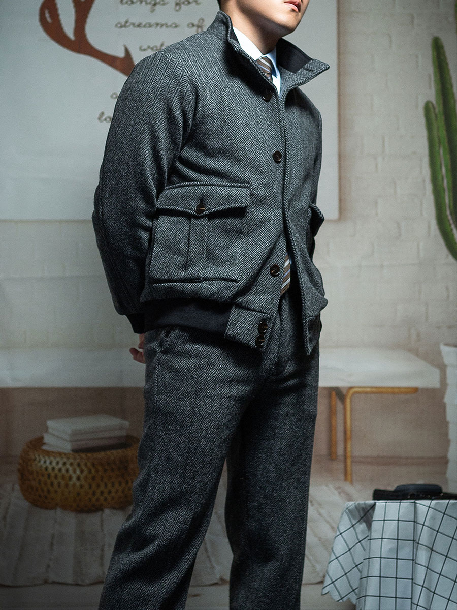 Harrington Jacket - POT&CRAFTSMAN クラシック メンズ 秋冬 ヴィンテージ ヘリンボーンツイードジャケット