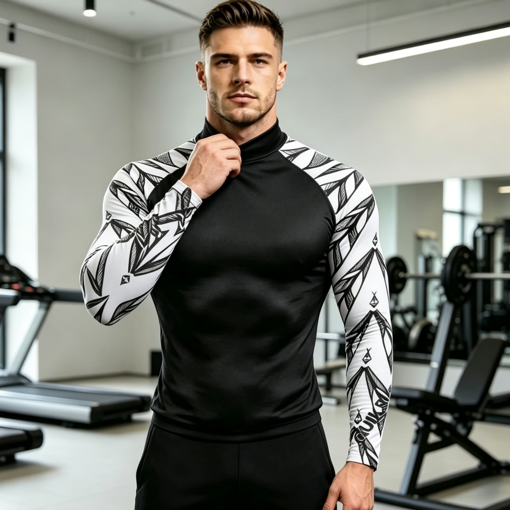 Compression Shirt Workout - 幾何学模様プリントのスプライスモックネック長袖コンプレッションシャツ（男性用）、伸縮性と通気性に優れたジムワークアウト用アスレチックTシャツ