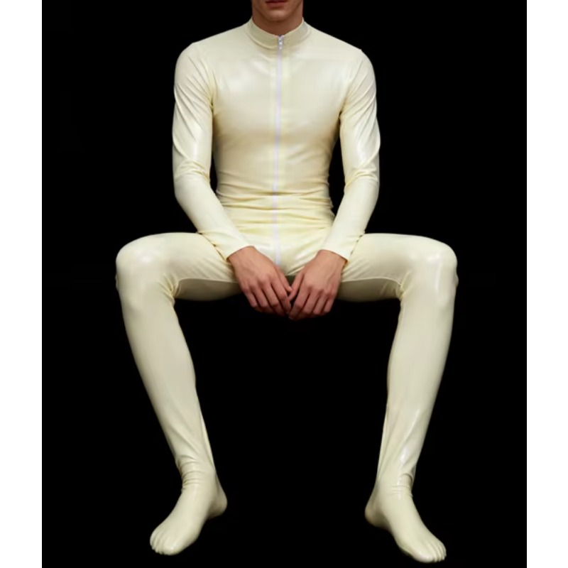 Mens Fashion Jumpsuit - 全身ラテックスキャットスーツ ラバーファッションジャンプスーツ ユニフォームフット付き コスプレパーティー用 - セクシーで伸縮性のあるキャットスーツ
