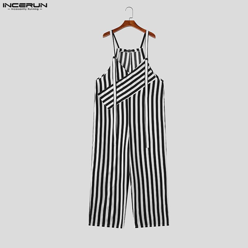 Mens Fashion Jumpsuit - INCERUN メンズジャンプスーツストライプ V ネックノースリーブストラップロンパース男性用オーバーオールストリートウェアオーバーサイズ 2026 ファッションカジュアルパンツ