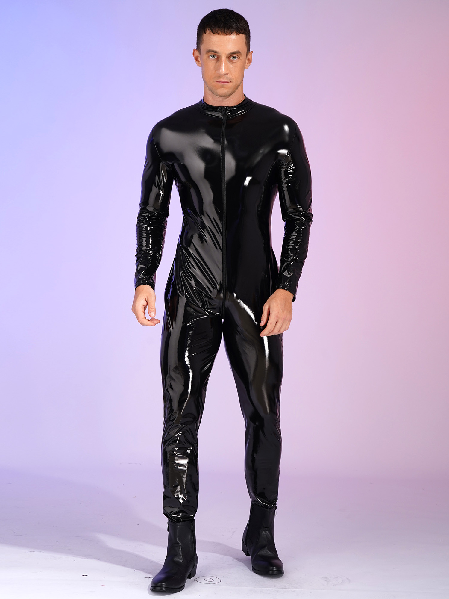 Mens Fashion Jumpsuit - メンズウェットルックパテントレザーボディスーツジャンプスーツコスプレオートバイフェスティバル衣装長袖キャットスーツディスコパーティークラブウェア