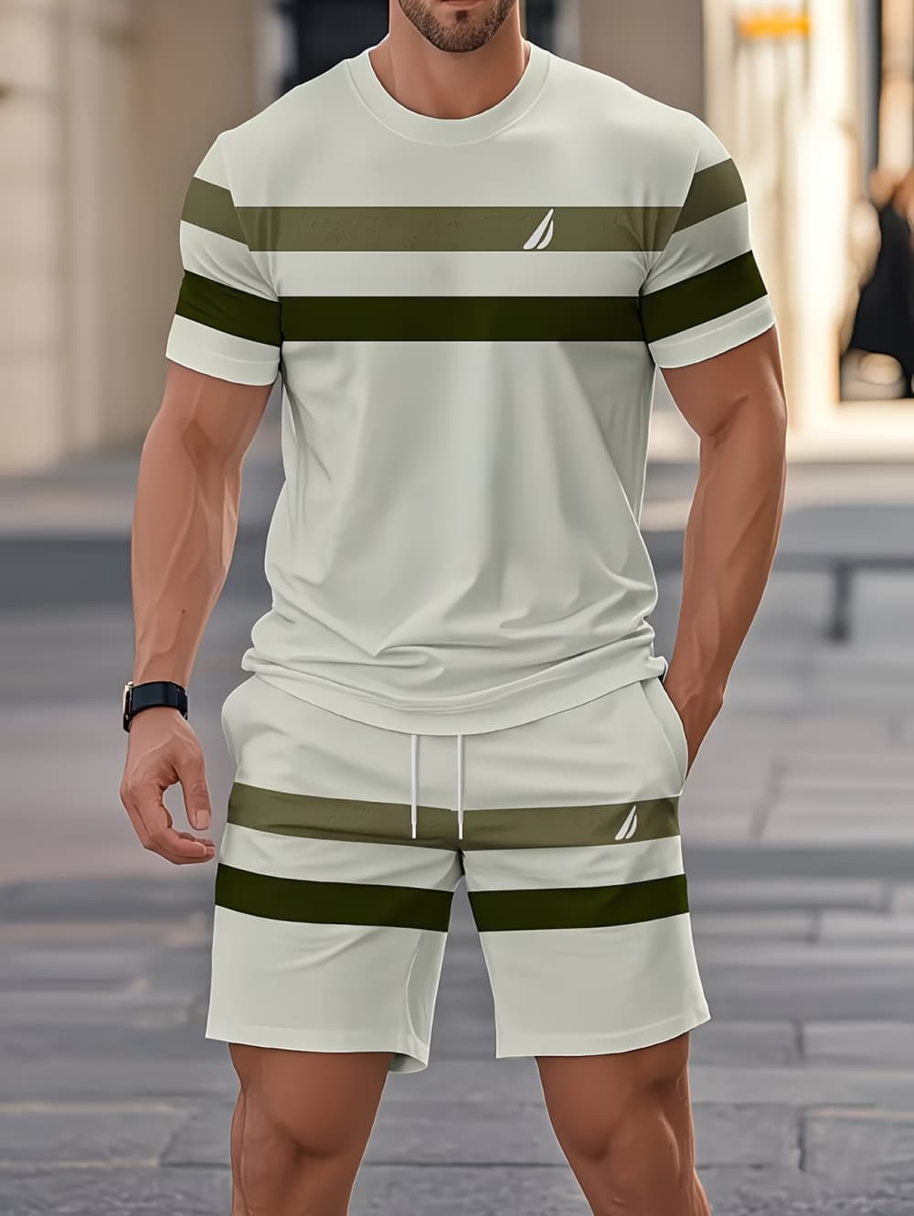 Men'S Fashion Videos - メンズサマーセット面白い3Dストライププリント半袖Tシャツ+ショートパンツ2ピースファッションルーズメンズアウトフィットカジュアルシンプルスポーツスーツ