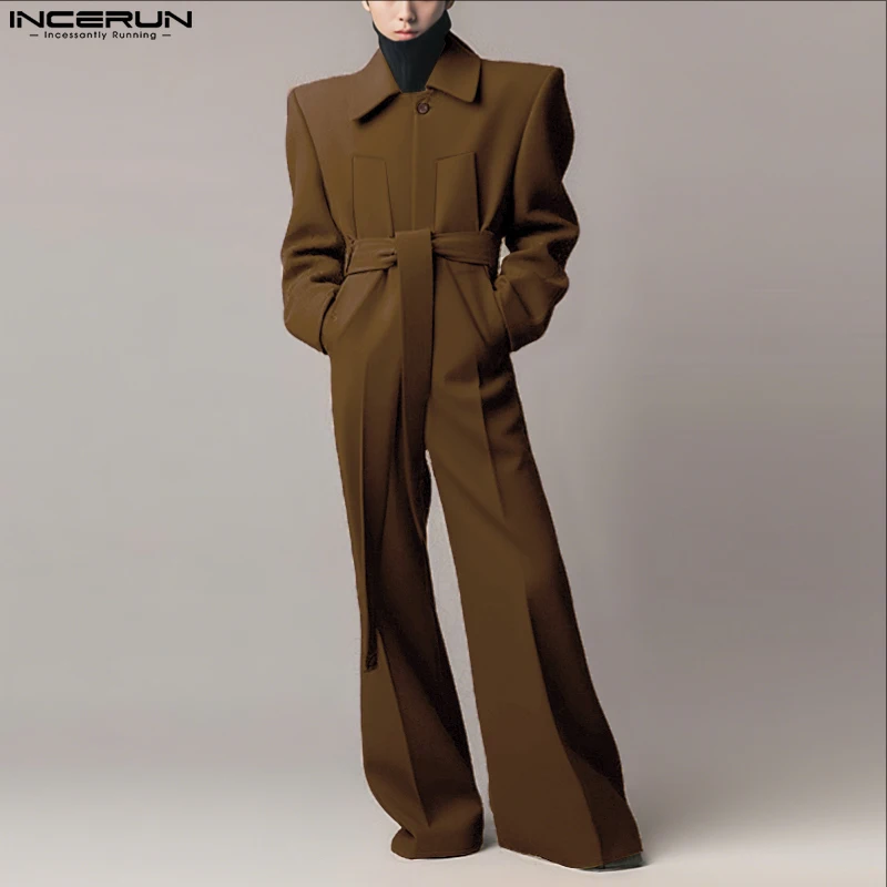 Mens Fashion Jumpsuit - INCERUN 男性オーバーオール無地ラペル長袖カジュアルワイドレッグジャンプスーツルーズストリートウェア 2025 ファッション男性ロンパース S-5XL