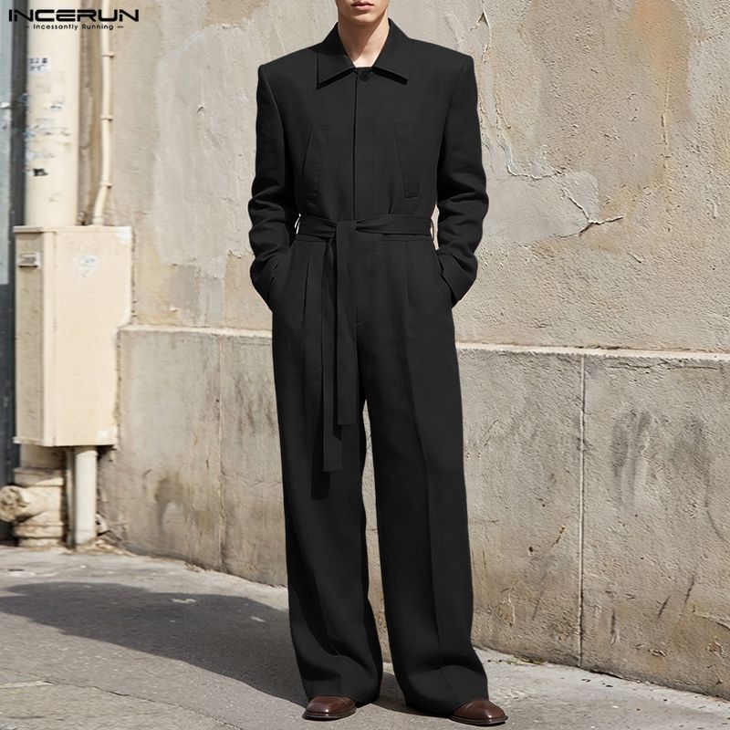Mens Fashion Jumpsuit - 男性ジャンプスーツ無地ラペル長袖カジュアル男性ロンパースベルト付き INCERUN ストリートルーズ 2026 ファッションオーバーオール S-5XL
