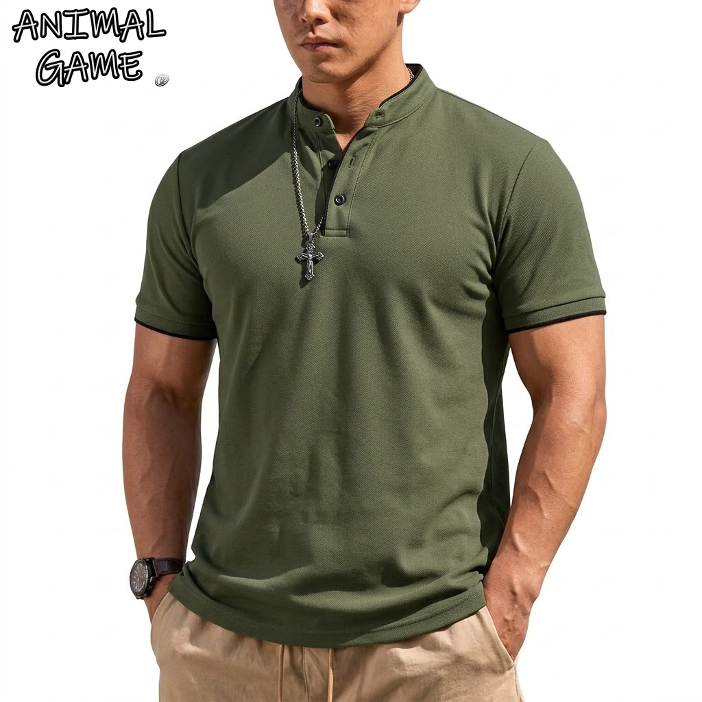 Mens Fashion Modern - 夏半袖ヘンリーシャツ男性ボタンポロシャツクラシック襟なし Tシャツ男性用高級通気性ハイキング Tシャツジム