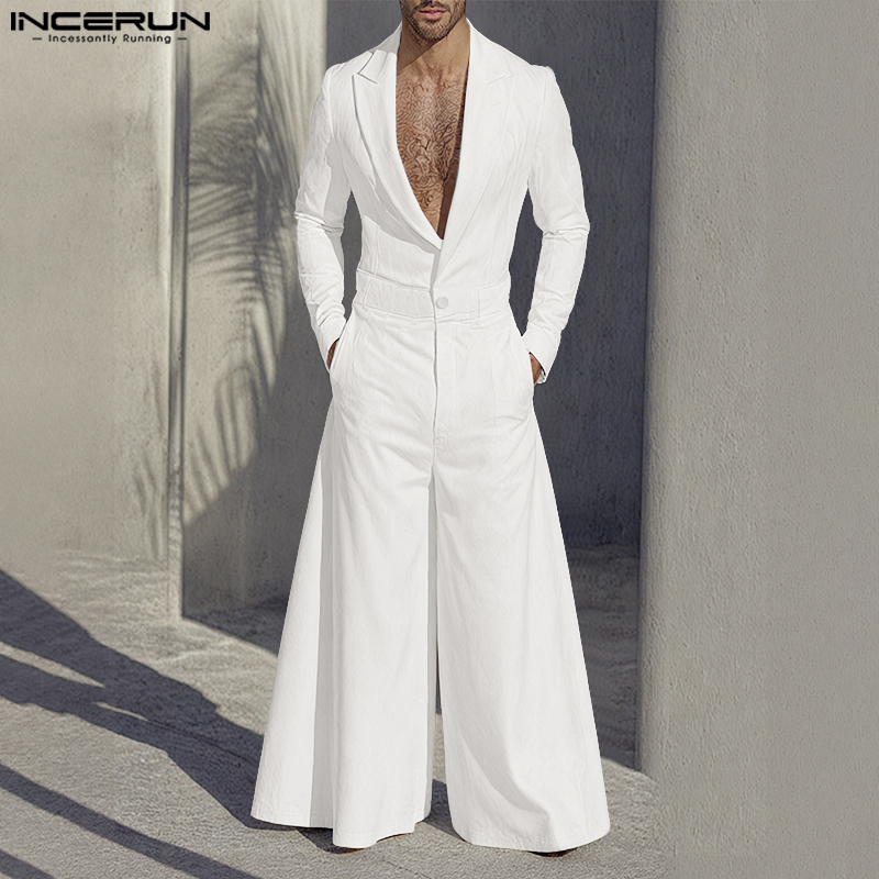 Mens Fashion Jumpsuit - INCERUN 男性ジャンプスーツ無地ラペル長袖 1 ボタン男性ロンパースストリートルーズファッションカジュアルエレガントなオーバーオール男性