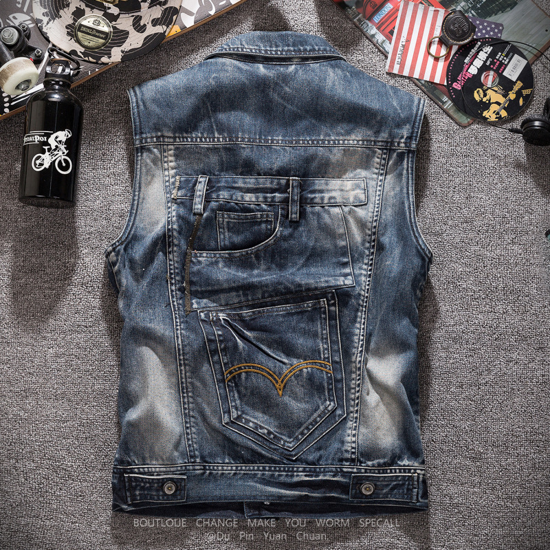 Men'S Fashion Vest With Jeans - ファッションジーンズチョッキオートバイデニムベストヴィンテージカジュアルコートメンズスリム大ポケットノースリーブジャケット服ドロップシッピング