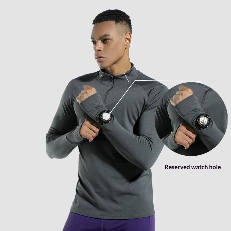 Compression Shirt Workout - メンズフィンガーホールデザイン秋冬コンプレッションシャツハーフジップハイネック速乾高ストレッチランニングジムトレーニングスポーツトップ