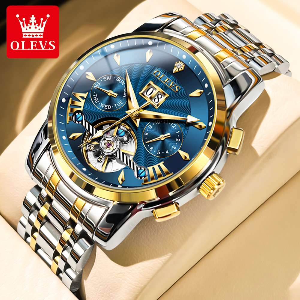 Mens Fashion Week - OLEVS メンズ腕時計高級ファッションファインスチールストラップカレンダー中空自動巻きムーブメントオリジナル自動機械式時計