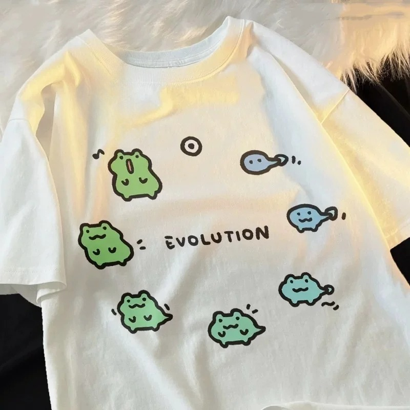 Men'S Fashion Evolution - 2026年新作 カエル進化プリント レディースTシャツ 日本風レトロストリートウェア カジュアルファッション サマーTシャツ