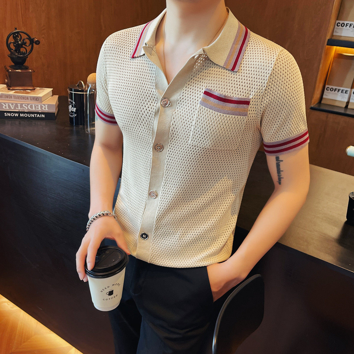 Men'S Fashion Zip Sweater - 夏のメンズ襟付きニットカーディガン、メンズファッション半袖ポロシャツ、コントラストカラー、スリムフィット、カジュアルビジネスTシャツ