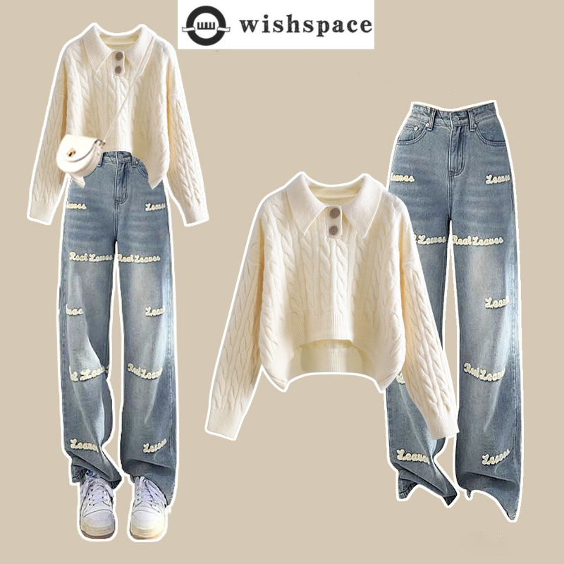 Men'S Fashion Zip Sweater - 女性用麻柄ニットセーターとパンツセット,セーター,刺embroidered文字,ジーンズ,韓国ファッション,2個
