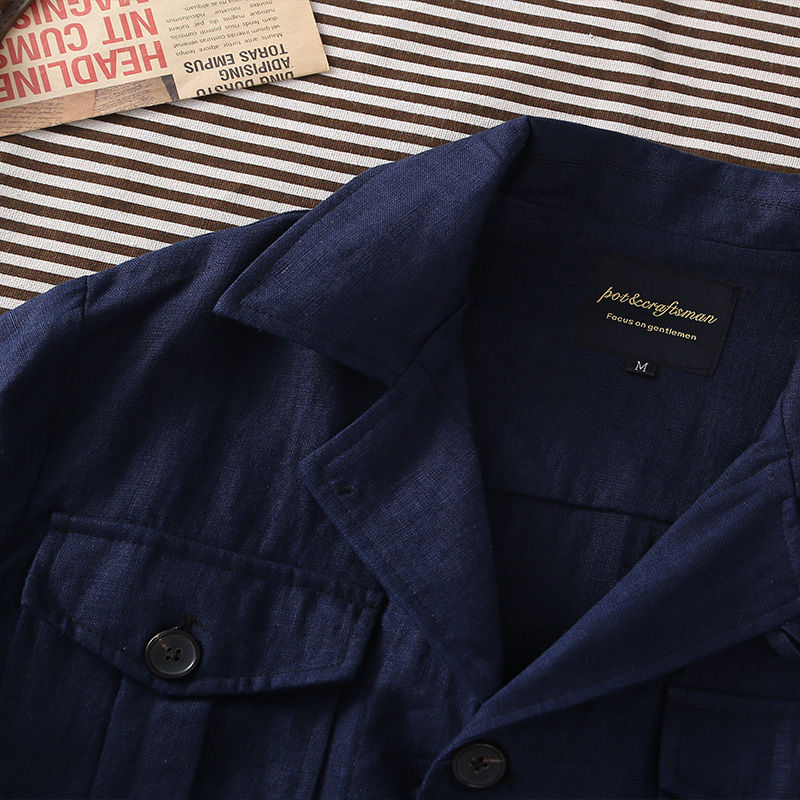 100%リネン製春夏メンズネイビーブルーフレンチリネントップ - Harrington Jacket のレビューと価格
