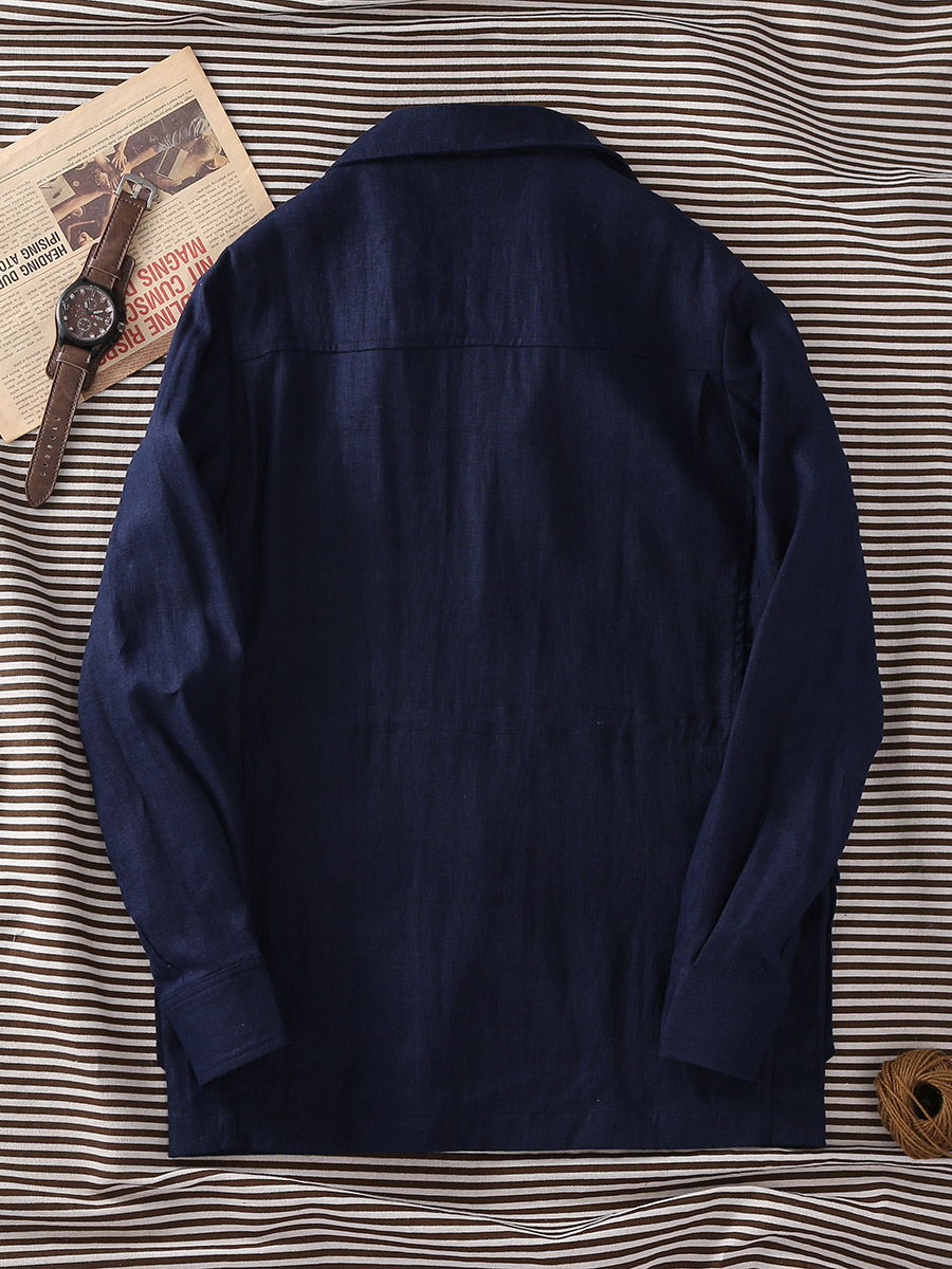 100%リネン製春夏メンズネイビーブルーフレンチリネントップ - Harrington Jacket のレビューと価格