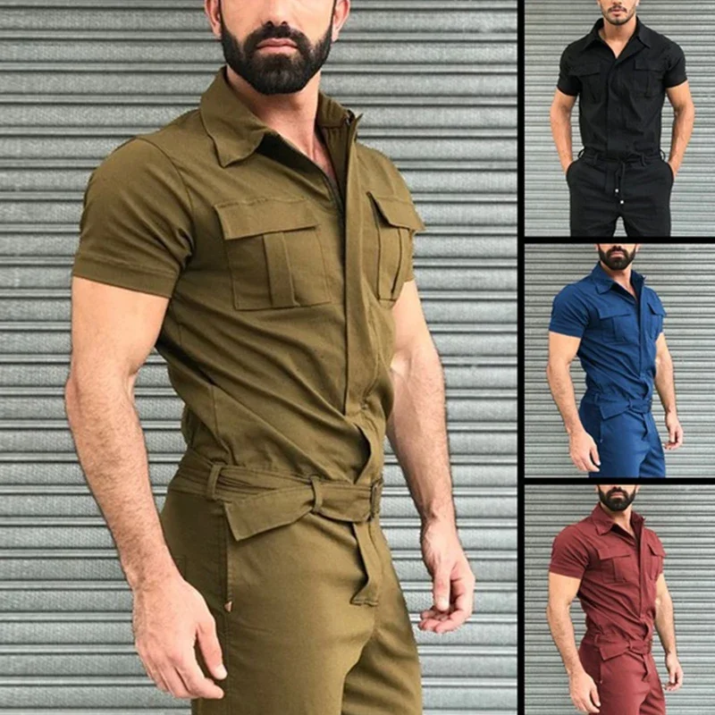 メンズオーバーオールカジュアルストリートウェアポケット無地半 - Mens Fashion Jumpsuit のレビューと価格