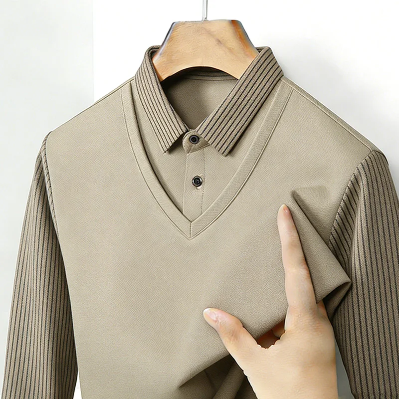 メンズフェイクツーピースシャツ襟 V ネック長袖トップカーキ - Queer Men'S Fashion のレビューと価格