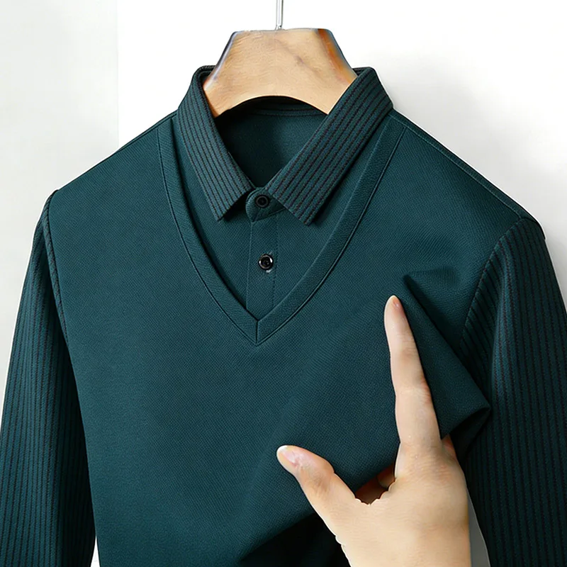 メンズフェイクツーピースシャツ襟 V ネック長袖トップカーキ - Queer Men'S Fashion のレビューと価格