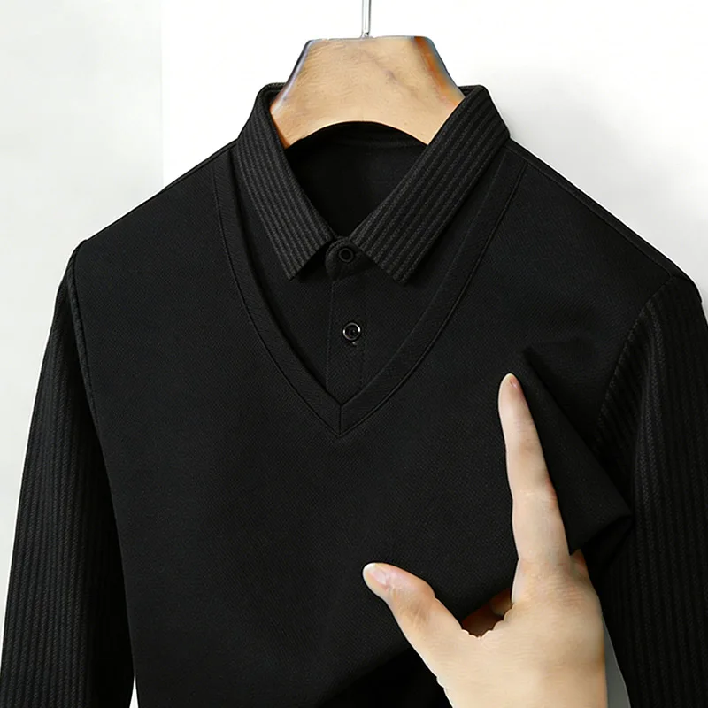 メンズフェイクツーピースシャツ襟 V ネック長袖トップカーキ - Queer Men'S Fashion のレビューと価格