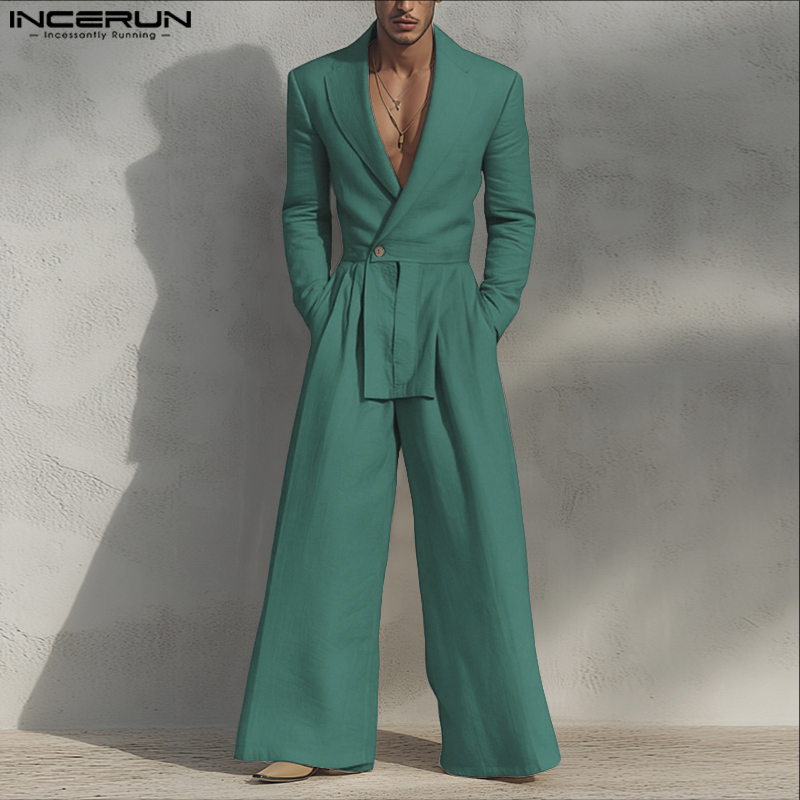 INCERUN 男性ジャンプスーツ無地ラペル長袖カジュアル男 - Mens Fashion Jumpsuit のレビューと価格