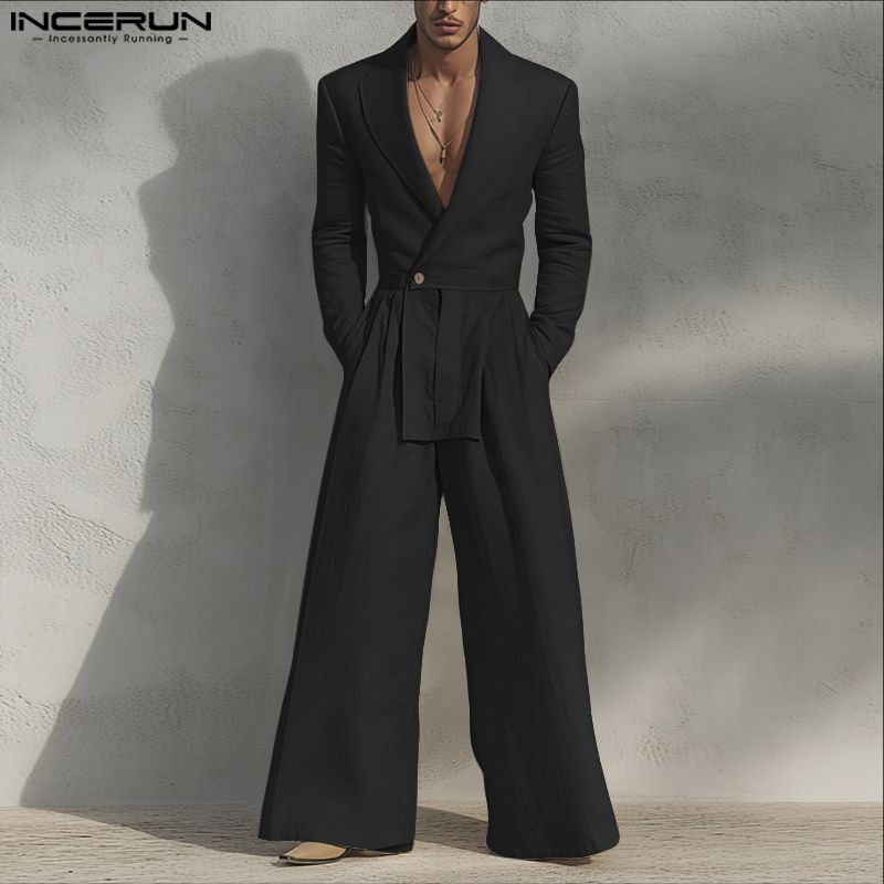 INCERUN 男性ジャンプスーツ無地ラペル長袖カジュアル男 - Mens Fashion Jumpsuit のレビューと価格