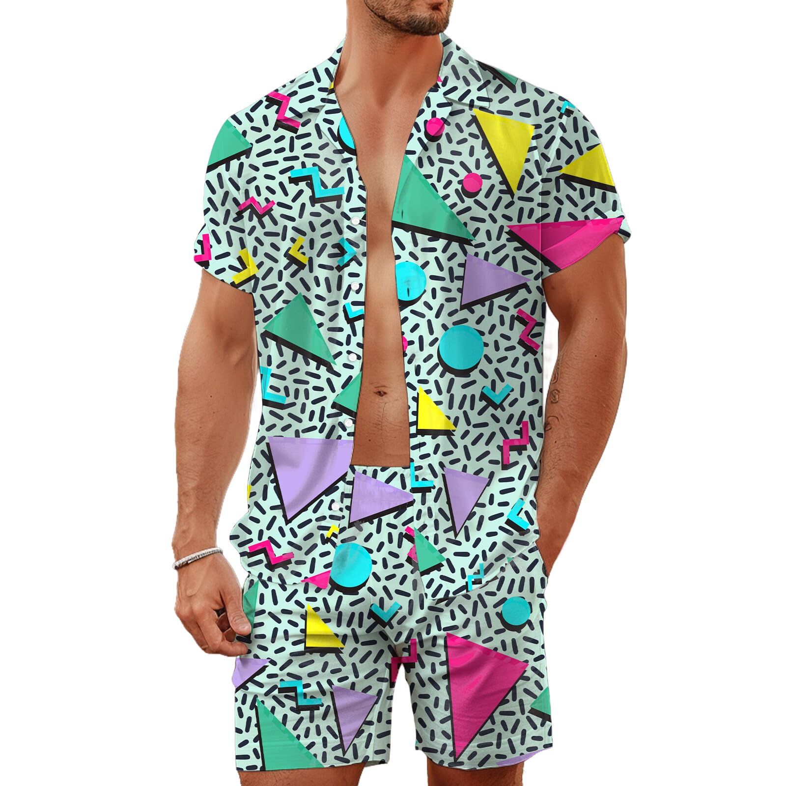 夏用不規則幾何学模様3Dプリントメンズシャツセットファッショ - Men'S Fashion Videos のレビューと価格