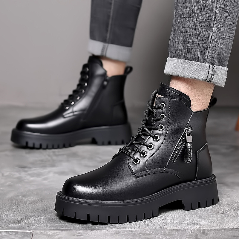 男性クラシック本革ブーツ秋冬防水暖かいプラットフォーム作業靴 - Mens Fashion Modern のレビューと価格