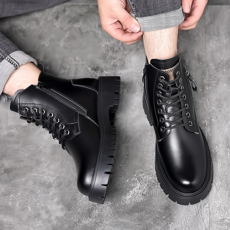 男性クラシック本革ブーツ秋冬防水暖かいプラットフォーム作業靴 - Mens Fashion Modern のレビューと価格