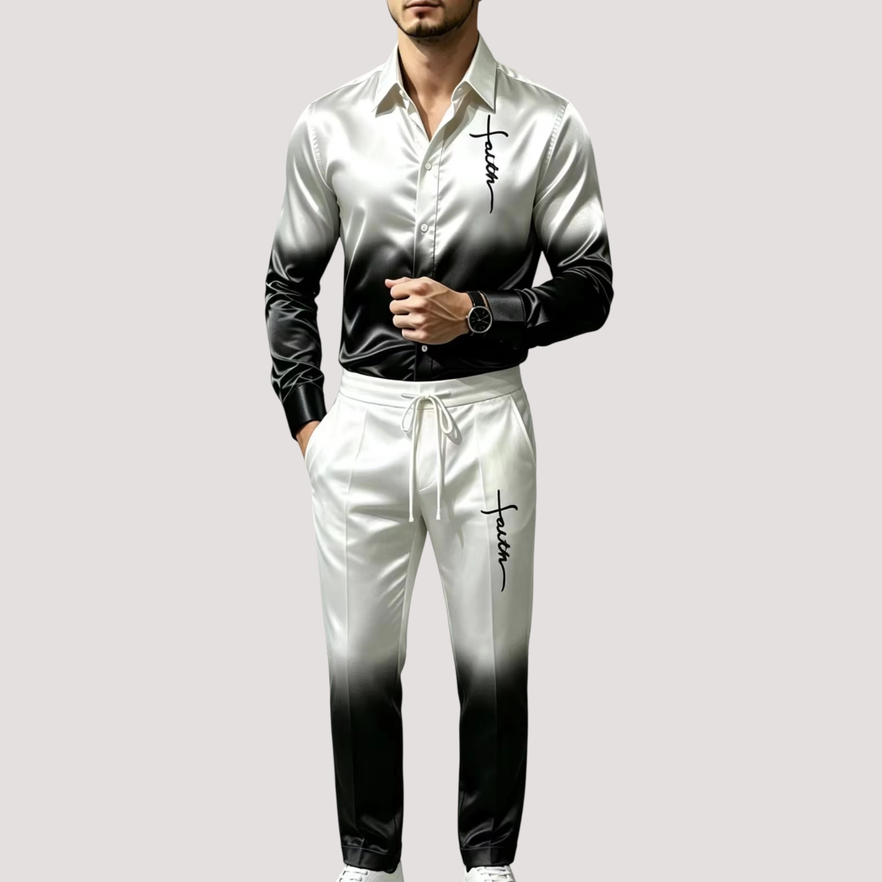 メンズサテンシルクスポーツスーツ2点セット グラデーション長 - Men'S Fashion Formal のレビューと価格