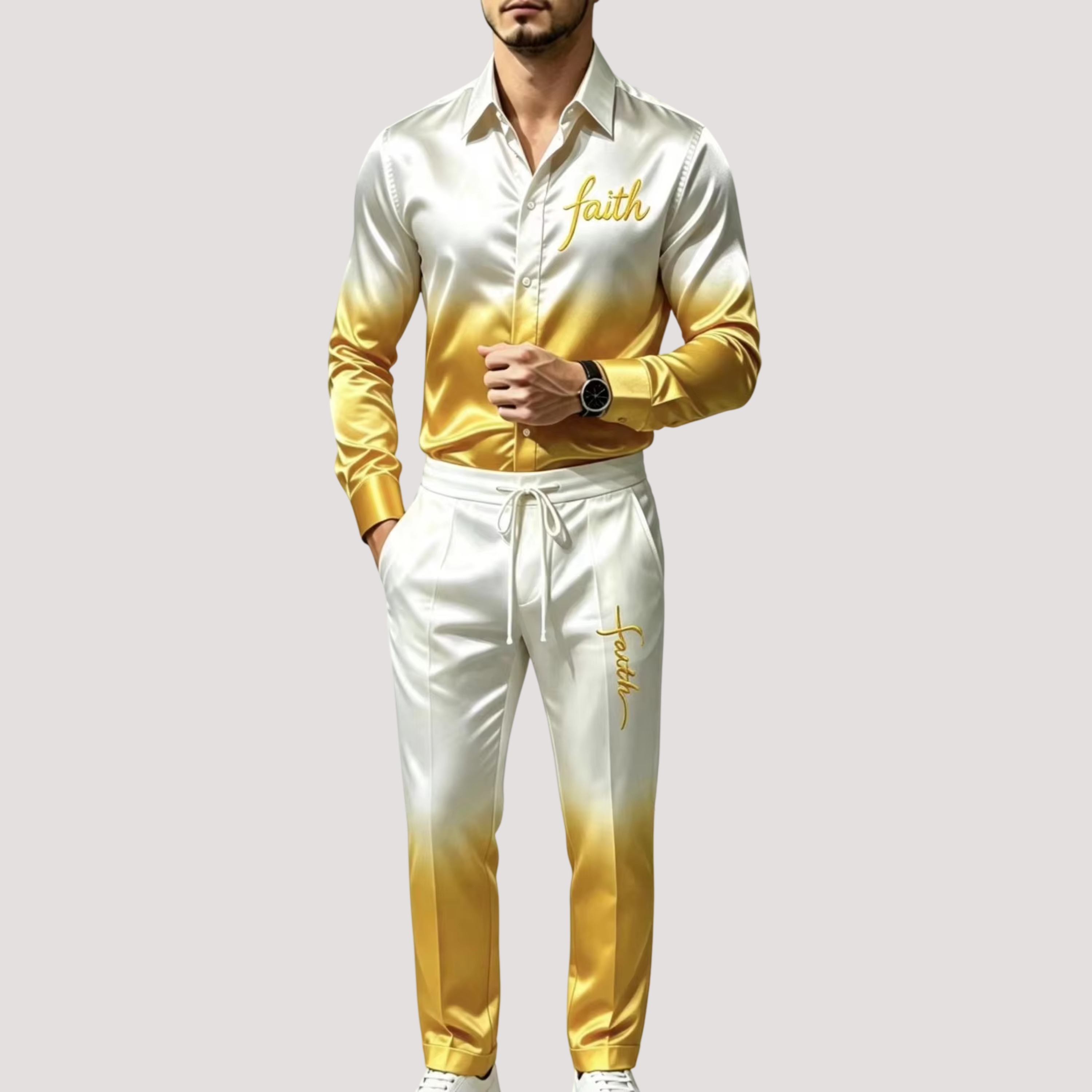 メンズサテンシルクスポーツスーツ2点セット グラデーション長 - Men'S Fashion Formal のレビューと価格