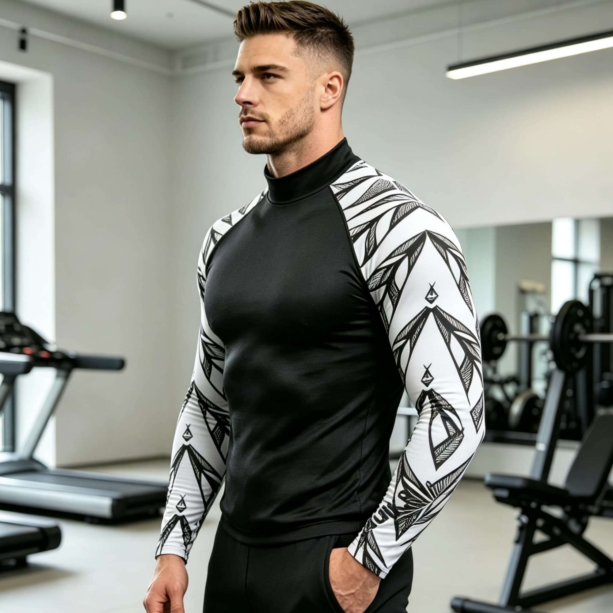 幾何学模様プリントのスプライスモックネック長袖コンプレッショ - Compression Shirt Workout のレビューと価格
