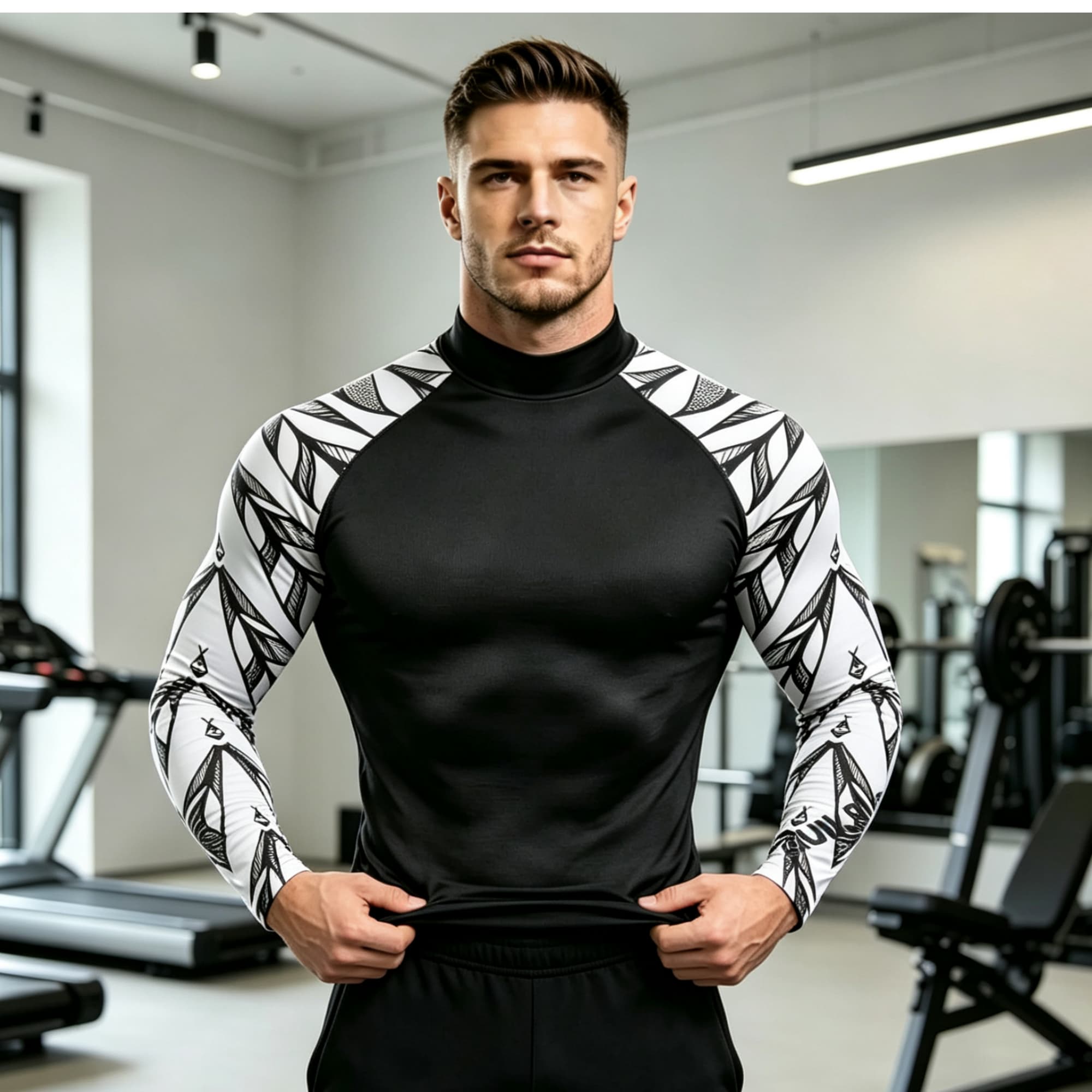 幾何学模様プリントのスプライスモックネック長袖コンプレッショ - Compression Shirt Workout のレビューと価格