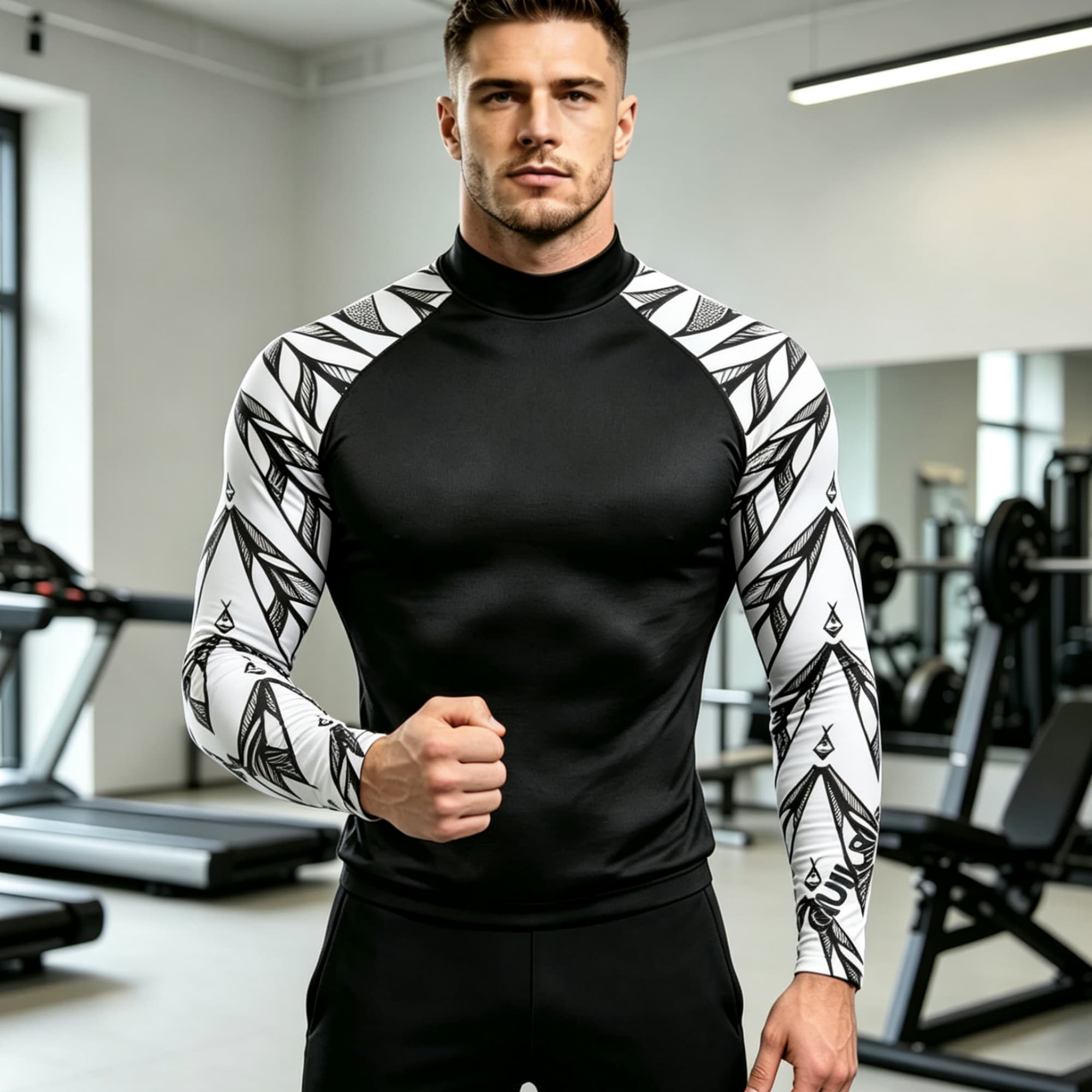 幾何学模様プリントのスプライスモックネック長袖コンプレッショ - Compression Shirt Workout のレビューと価格