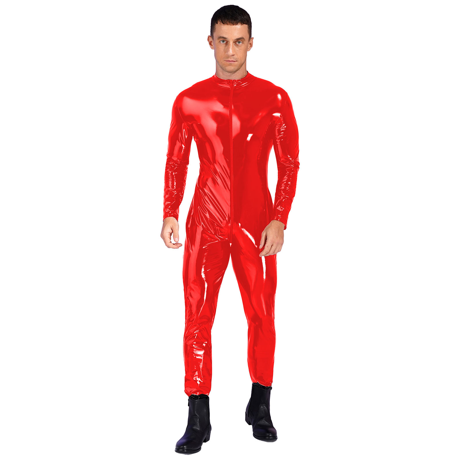 メンズウェットルックパテントレザーボディスーツジャンプスーツ - Mens Fashion Jumpsuit のレビューと価格
