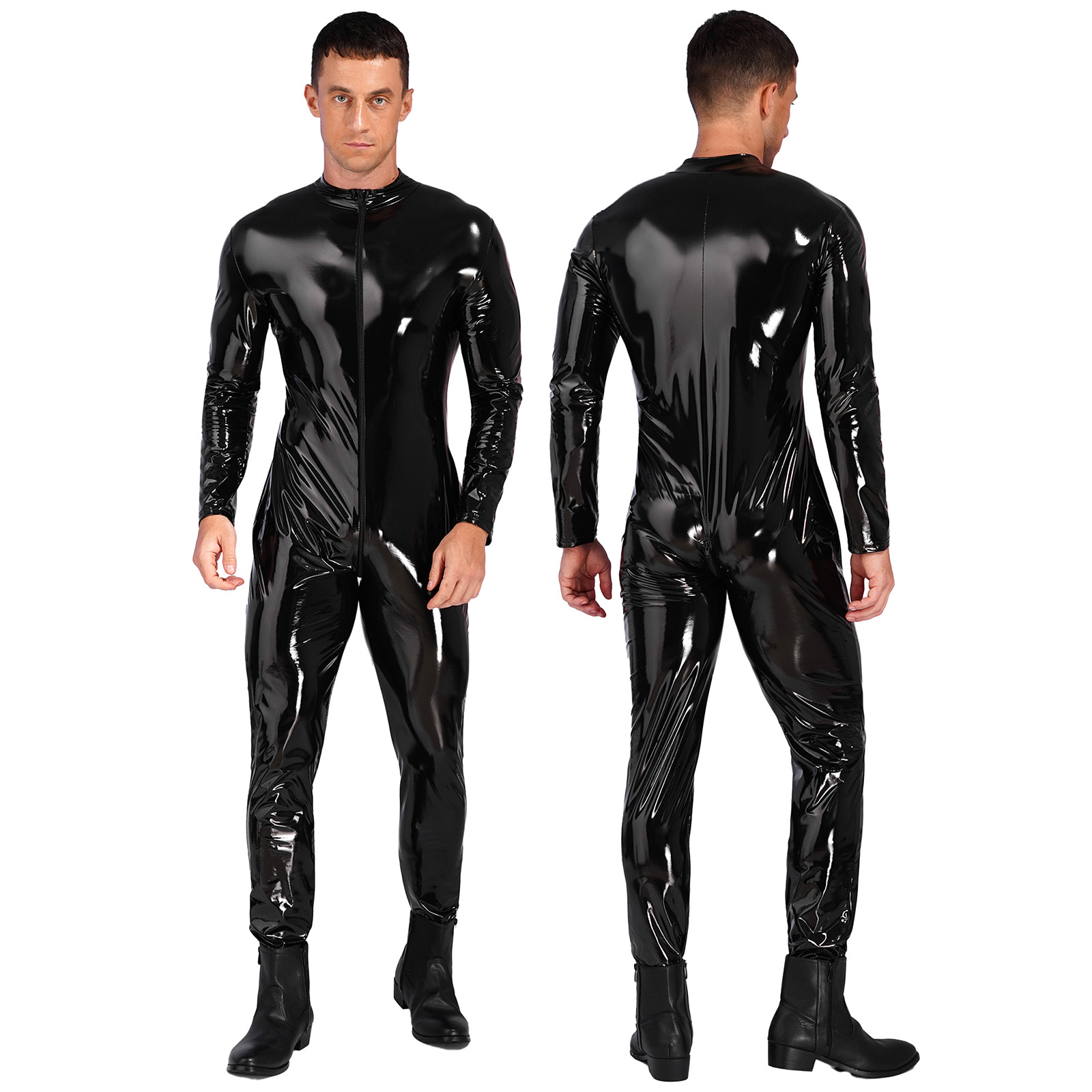 メンズウェットルックパテントレザーボディスーツジャンプスーツ - Mens Fashion Jumpsuit のレビューと価格