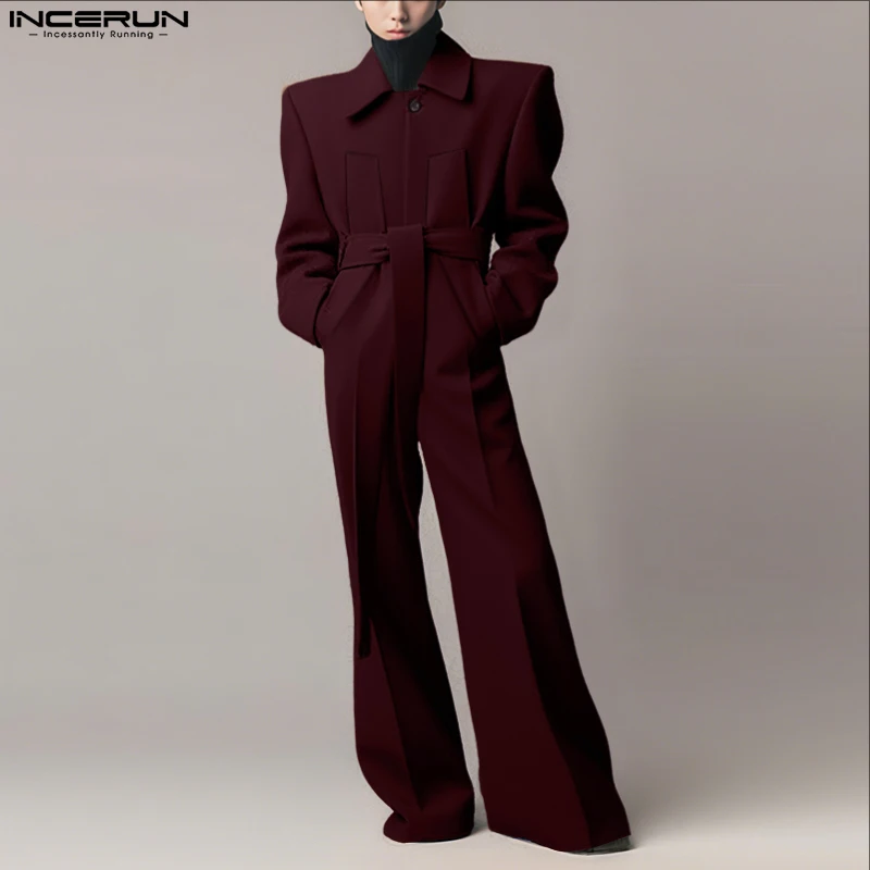 INCERUN 男性オーバーオール無地ラペル長袖カジュアルワ - Mens Fashion Jumpsuit のレビューと価格