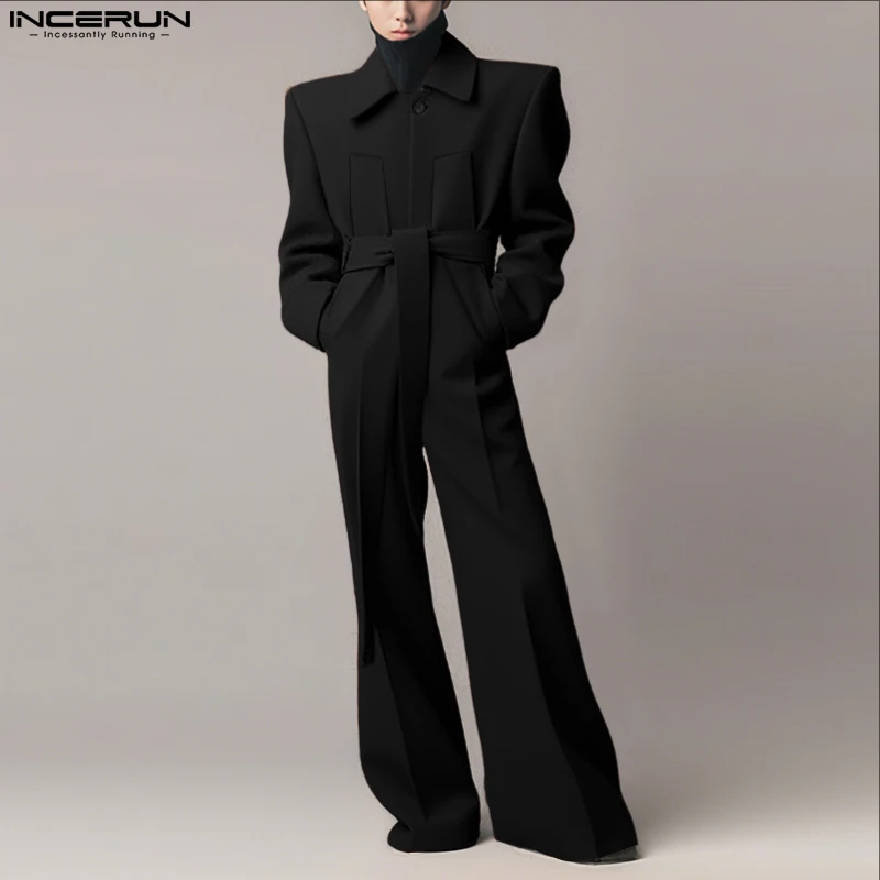 INCERUN 男性オーバーオール無地ラペル長袖カジュアルワ - Mens Fashion Jumpsuit のレビューと価格