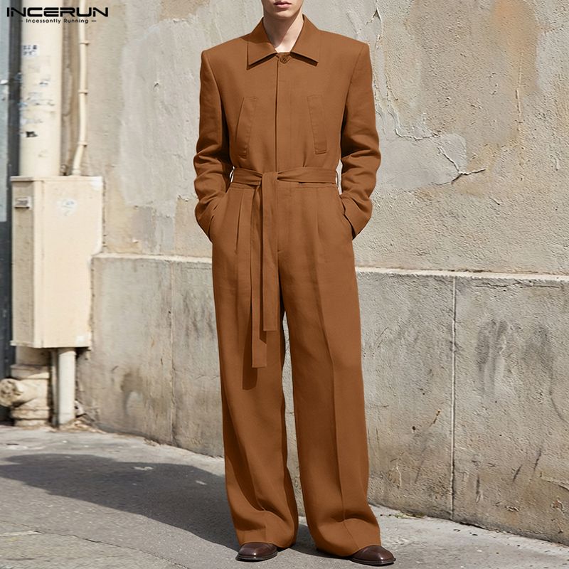 男性ジャンプスーツ無地ラペル長袖カジュアル男性ロンパースベル - Mens Fashion Jumpsuit のレビューと価格