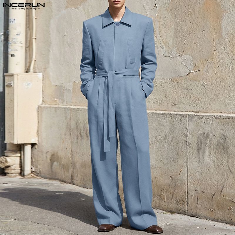 男性ジャンプスーツ無地ラペル長袖カジュアル男性ロンパースベル - Mens Fashion Jumpsuit のレビューと価格