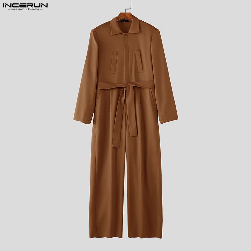 男性ジャンプスーツ無地ラペル長袖カジュアル男性ロンパースベル - Mens Fashion Jumpsuit のレビューと価格